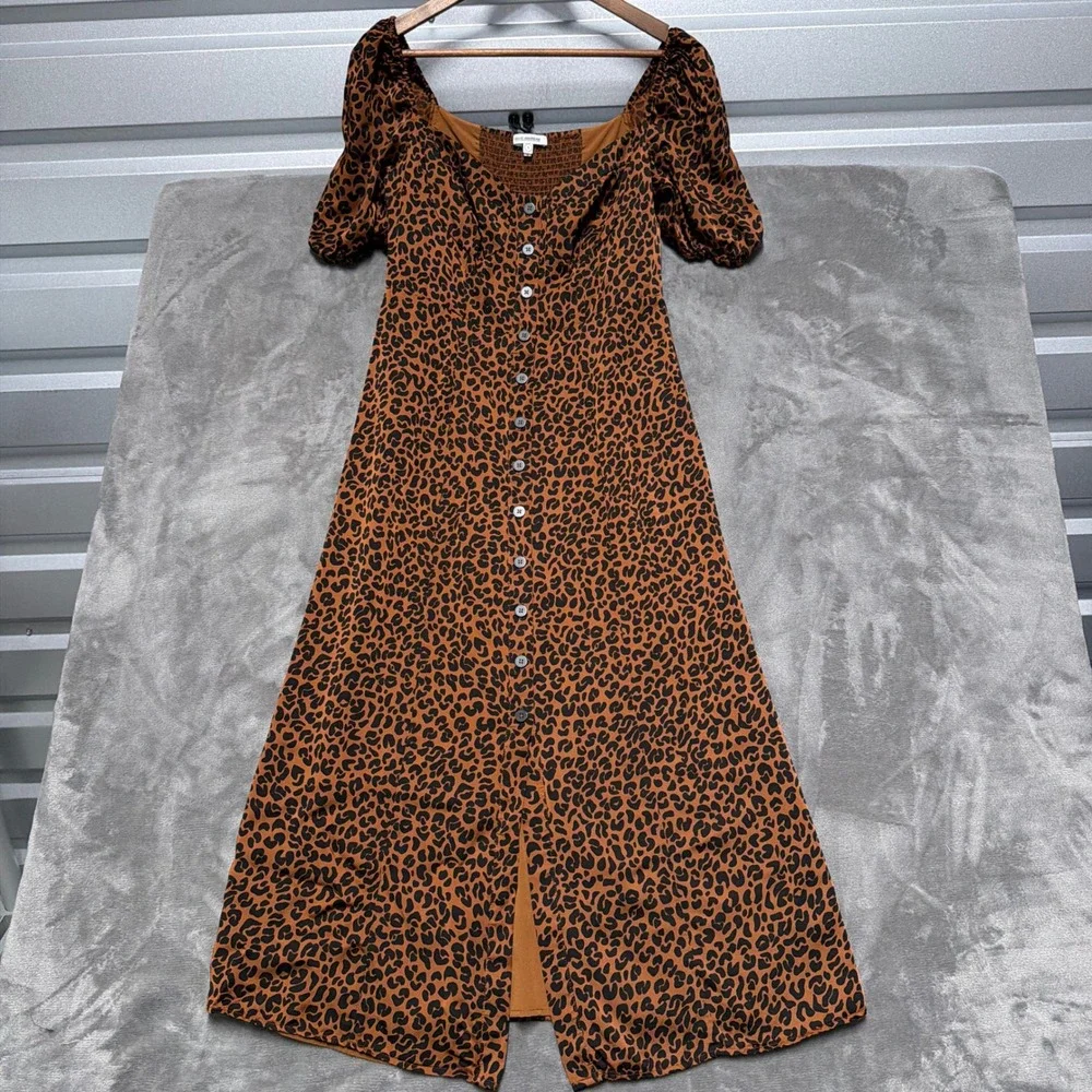 Good American Leopard Print Midi Dress Womens 3 Large Brown Button Front Smocked - Picture 1 of 12